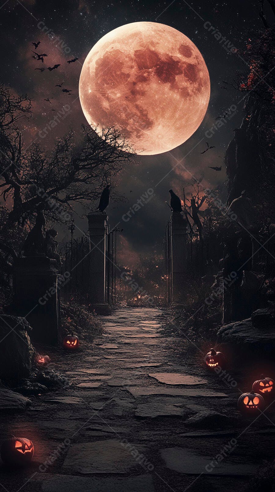 Noite de Halloween com lua de sangue portal gótico e abóboras luminosas