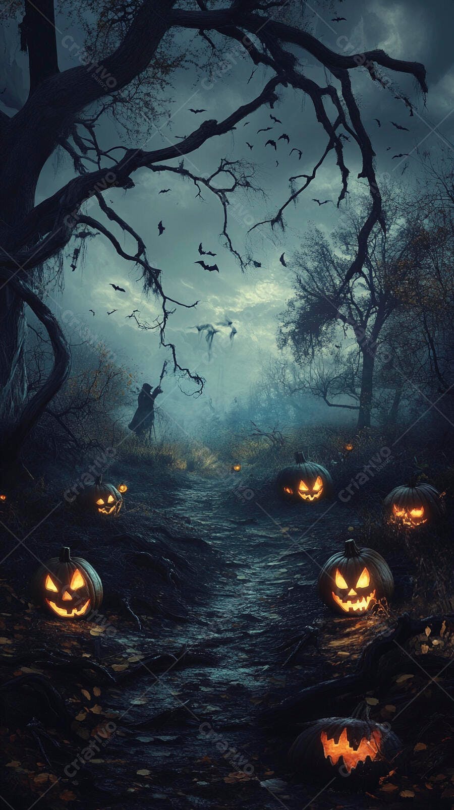 Abóboras de Halloween iluminadas na floresta escura com figura assustadora e morcegos voando
