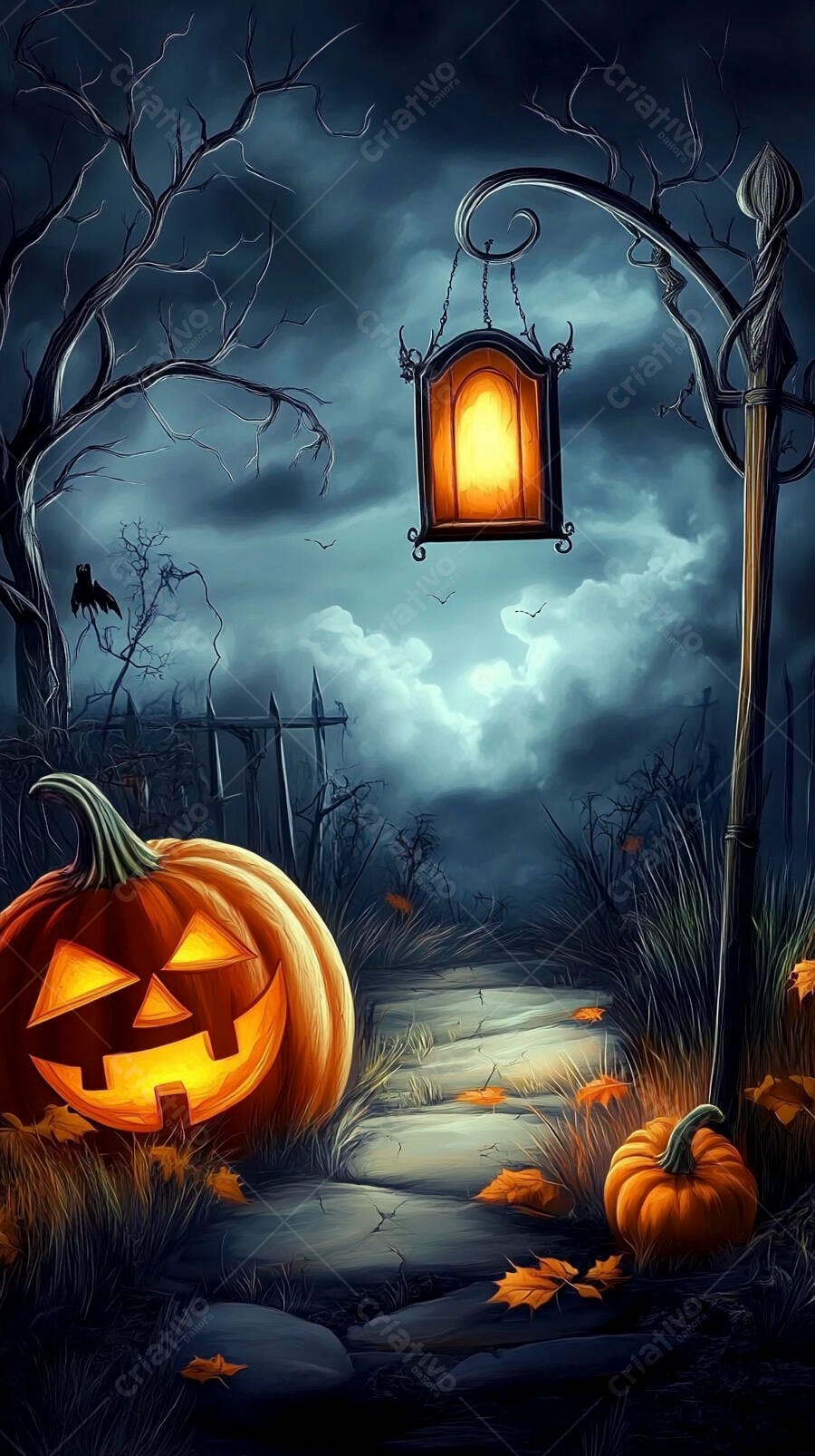 Abóbora Halloween iluminada em caminho escuro com lanterna e árvores secas