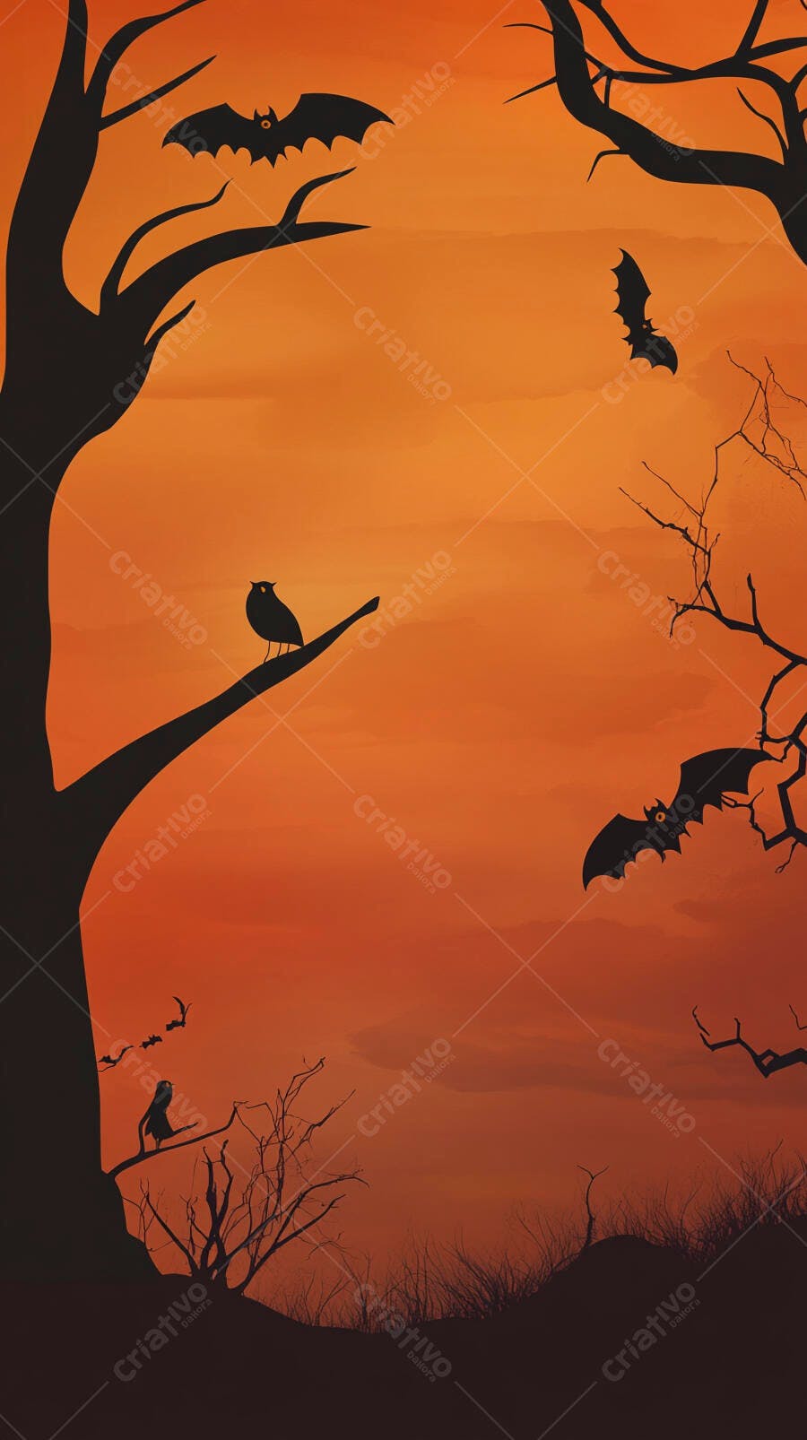 Cena de Halloween com morcegos árvores secas e gato ao entardecer laranja