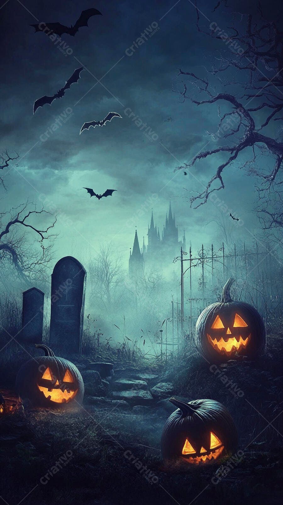 Abóboras de Halloween iluminadas em cemitério misterioso com castelo e morcegos à noite