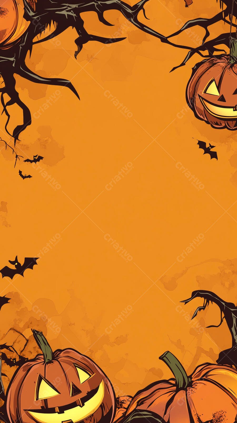 Abóbora de Halloween assustadora e galhos secos em fundo laranja escuro