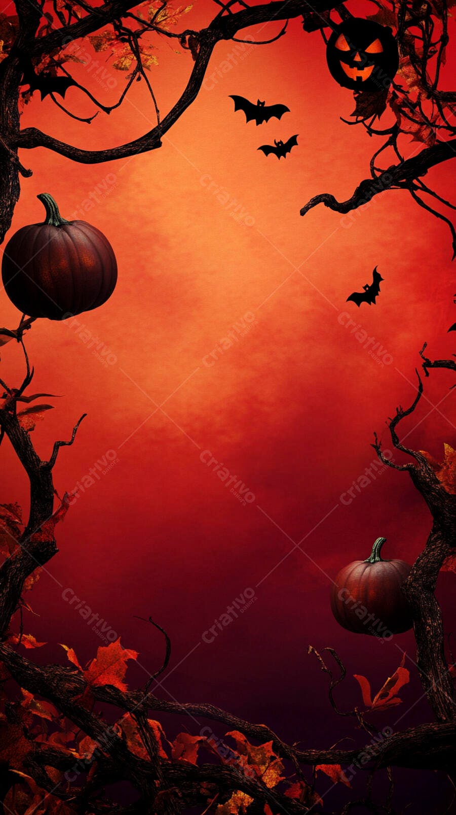Abóbora de Halloween e morcegos voando em céu vermelho assustador