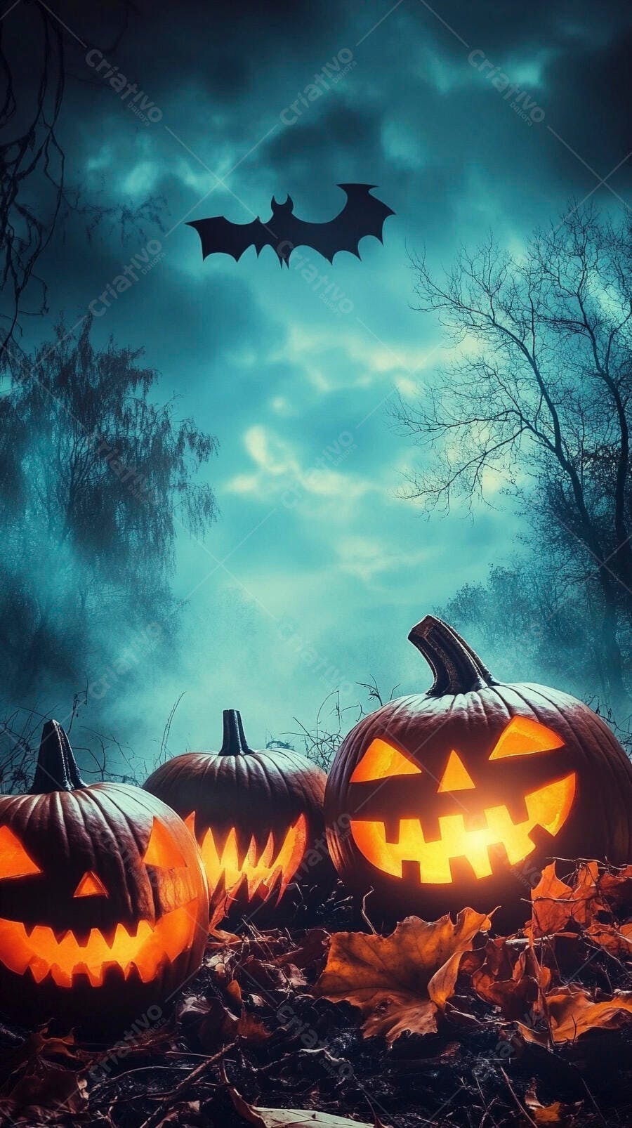 Abóboras de Halloween esculpidas em floresta assustadora com morcego no céu noturno