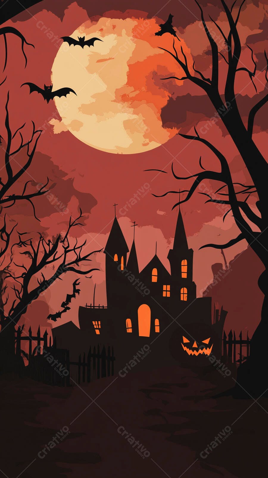Casa assombrada com lua cheia laranja e morcegos voando noite de Halloween
