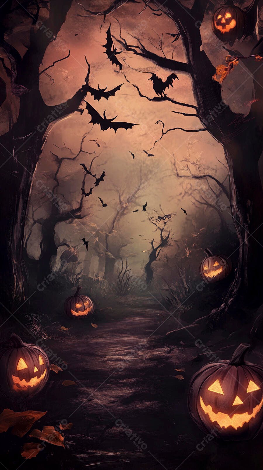Abóboras de Halloween iluminadas na floresta escura com morcegos ao entardecer