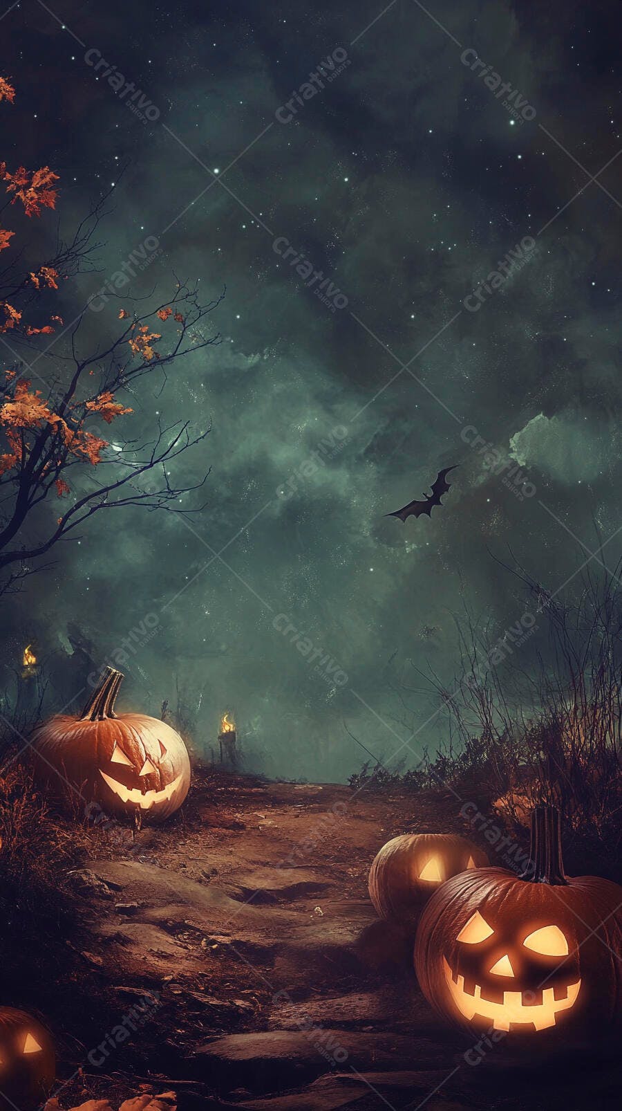 Abóboras de Halloween iluminadas em caminho assustador na floresta escura com morcego voando