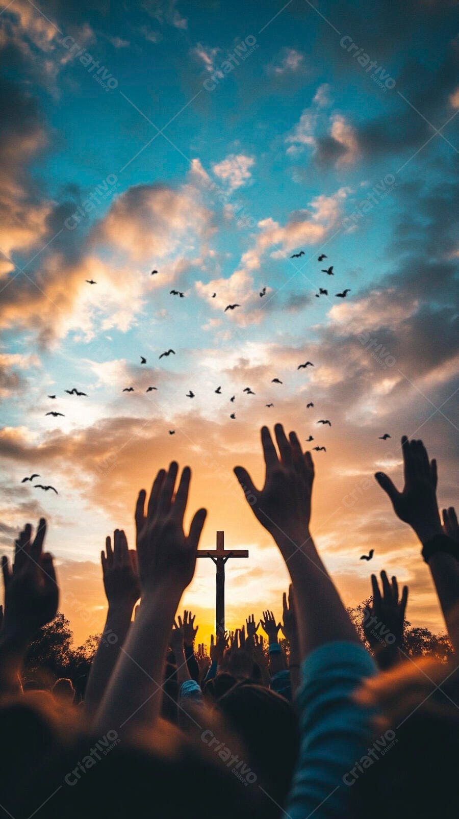 Mãos em adoração diante da cruz ao pôr do sol com pássaros voando