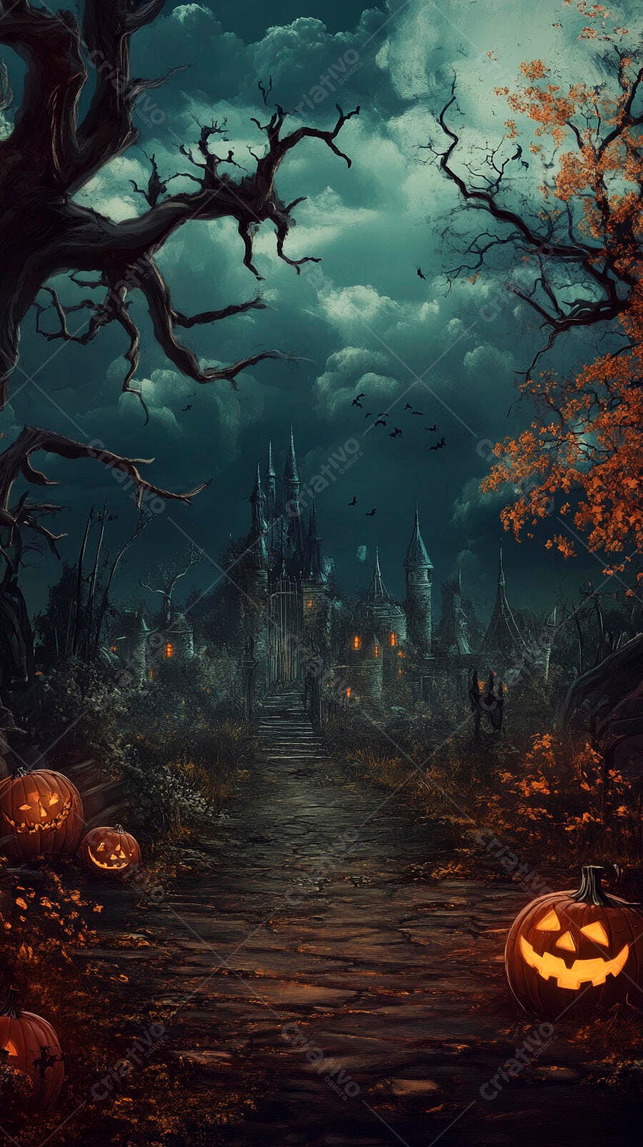 Cenário misterioso de Halloween com castelo gótico sombrio e abóboras Jack-o'-lantern