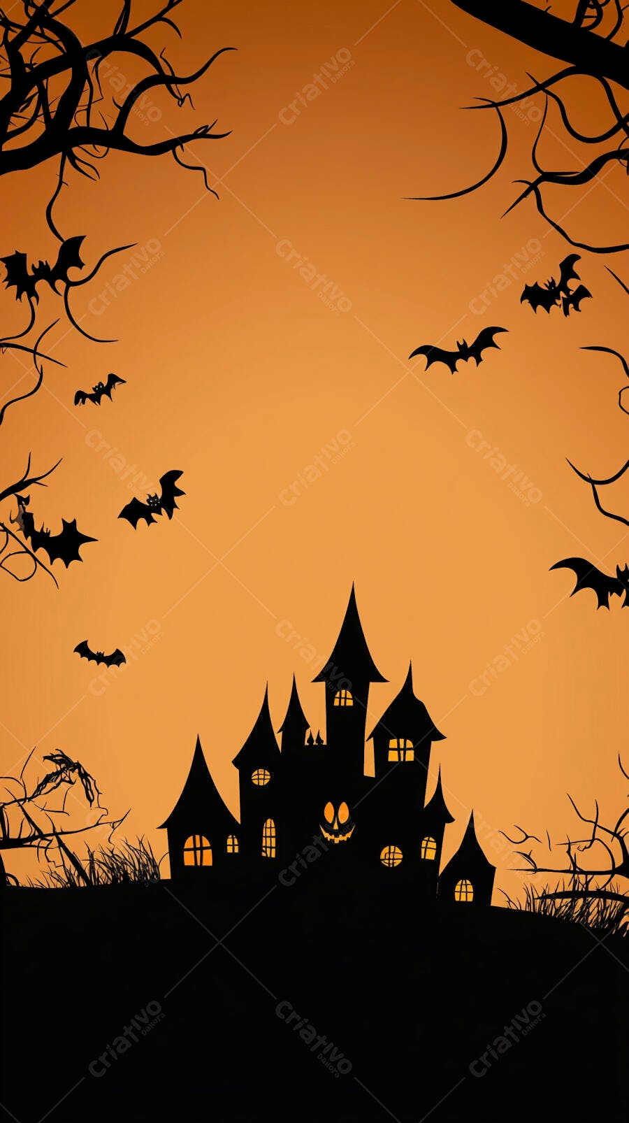 Castelo assombrado com morcegos e árvores secas em noite de Halloween laranja