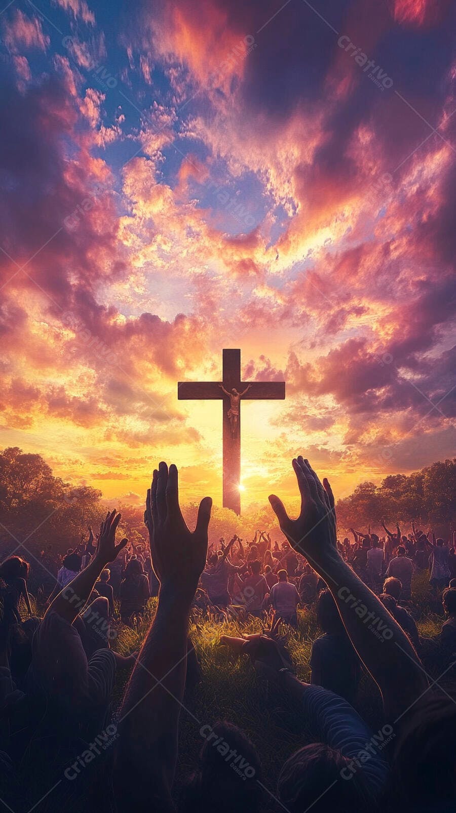 Cruz com Cristo e fiéis em adoração ao por do sol vibrante