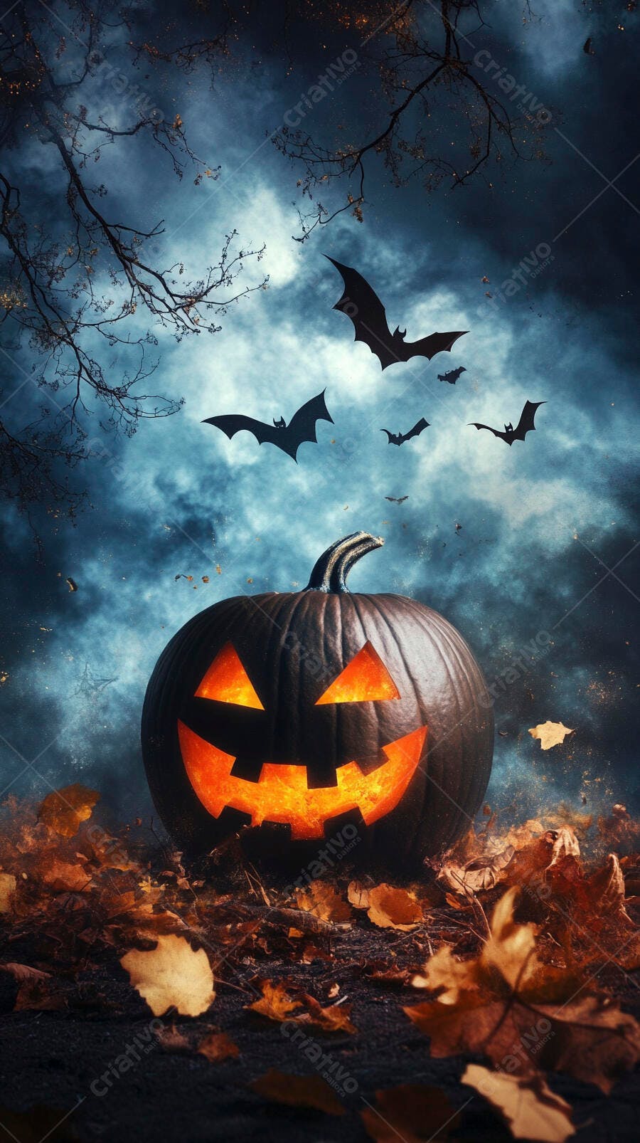 Abóbora Jack-o'-lantern iluminada com morcegos e folhas secas na noite de Halloween