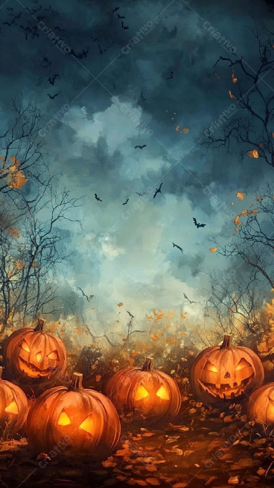 Abóboras de Halloween iluminadas com morcegos voando no céu noturno