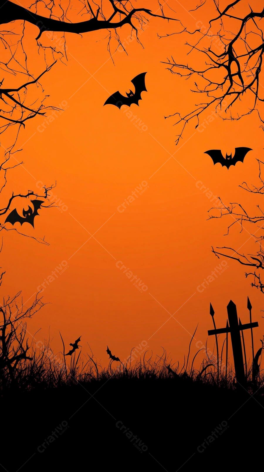 Cenário de Halloween com morcegos árvores secas e cruzes contra céu laranja