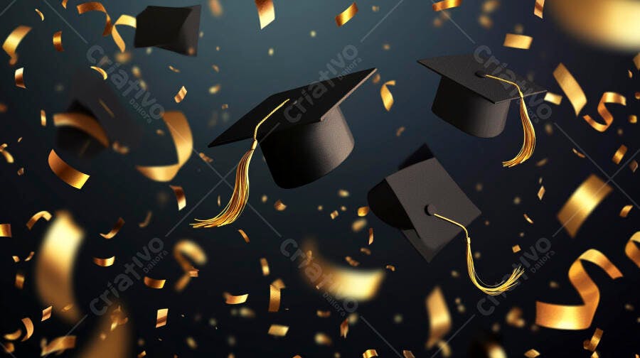 Capelos de formatura pretos caindo com confetes dourados em celebração