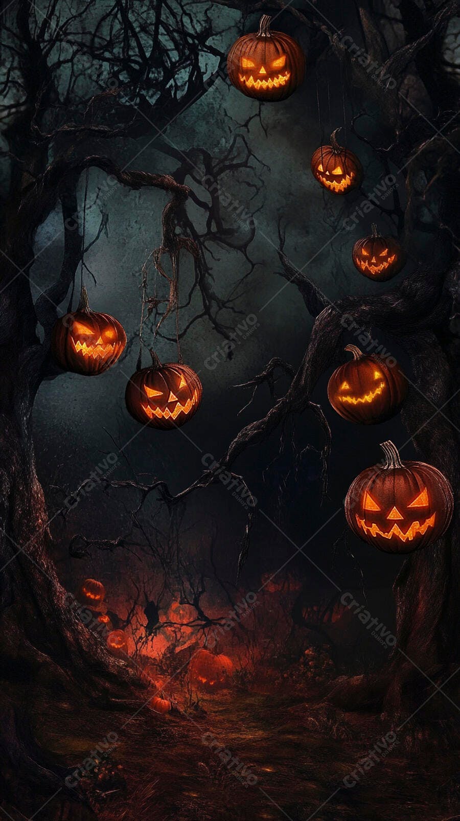 Abóboras de Halloween iluminadas penduradas em floresta escura e assustadora