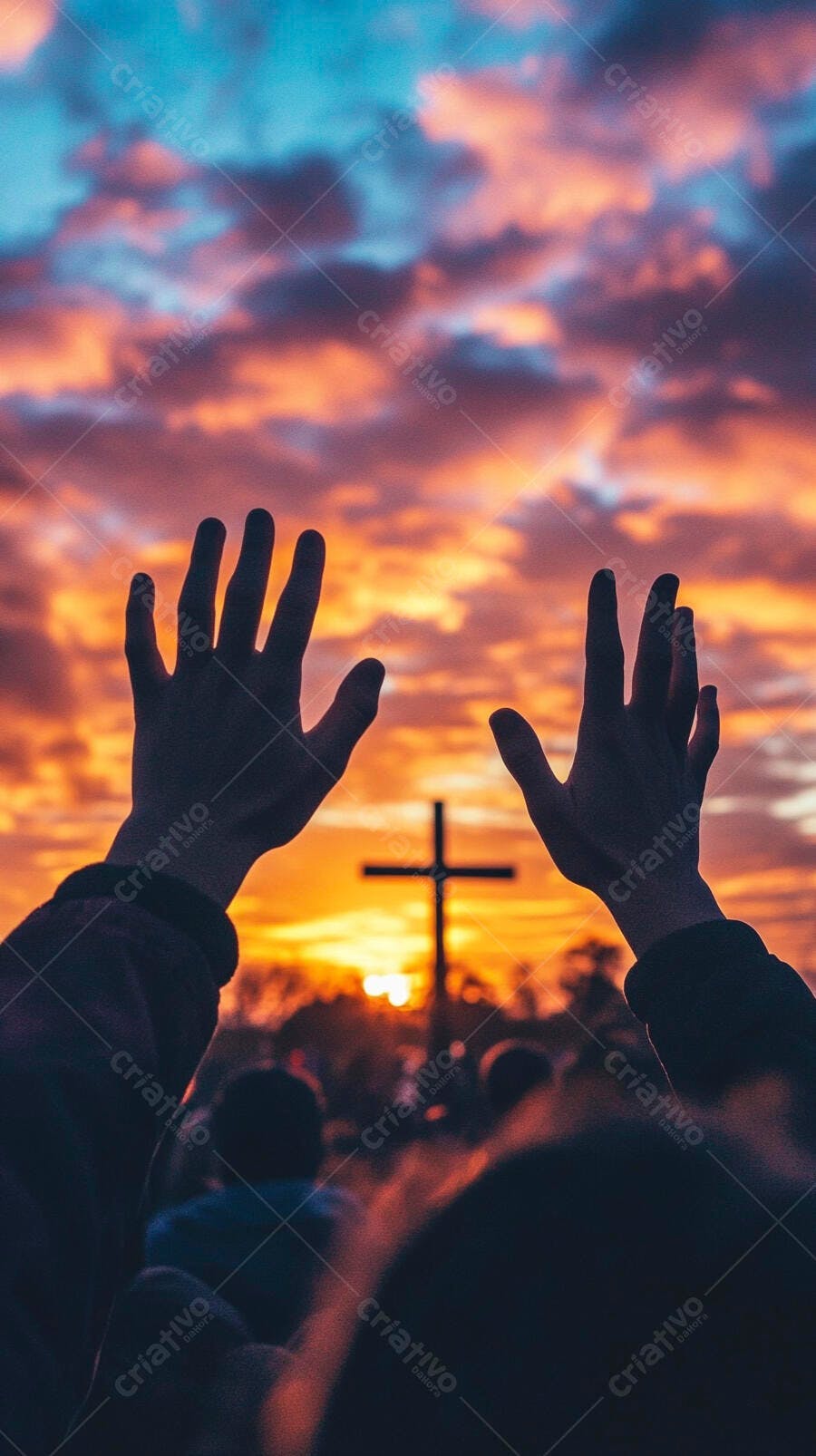 Mãos erguidas em adoração ao por do sol com cruz religiosa