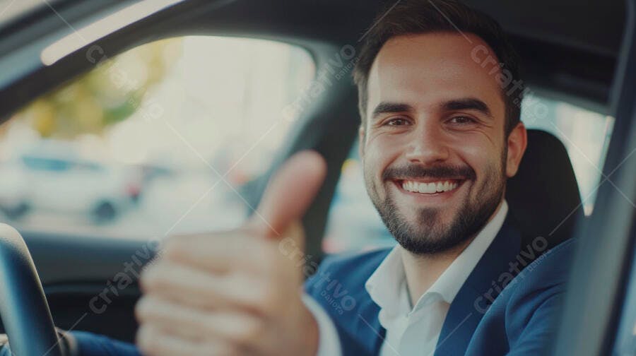 Homem caucasiano de terno azul sorrindo e fazendo sinal de positivo dentro de um carro