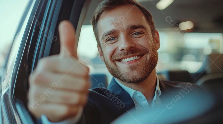 Homem caucasiano de terno sorrindo com polegar para cima dentro do carro