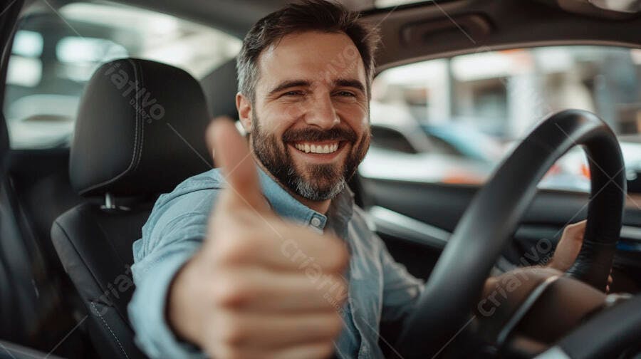 Homem caucasiano barbudo sorrindo no carro dando polegar para cima
