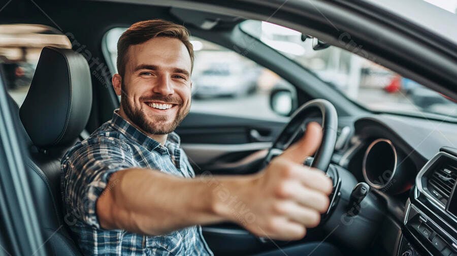 Homem caucasiano de camisa xadrez azul sorrindo e aprovando carro novo