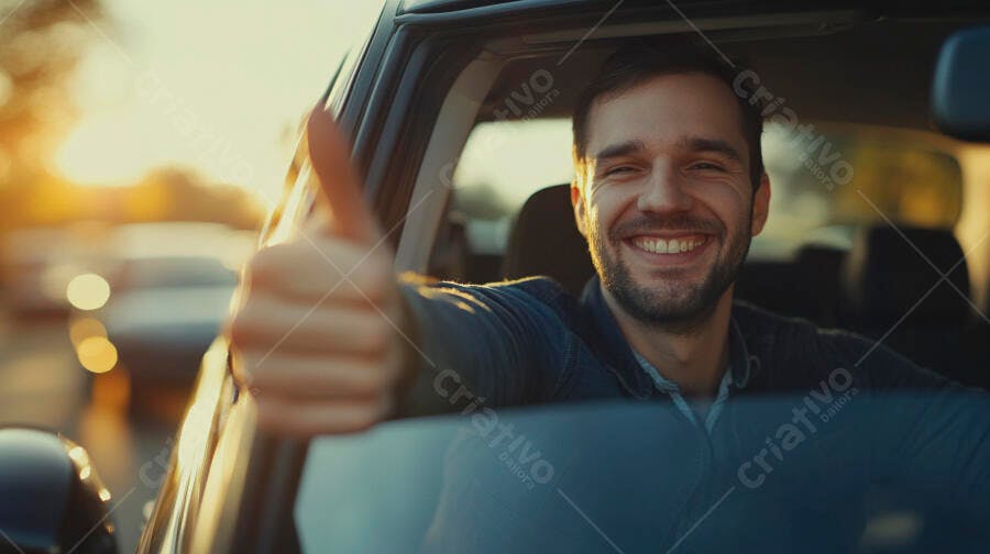 Homem caucasiano sorridente com barba dando polegar para cima em carro ao pôr do sol