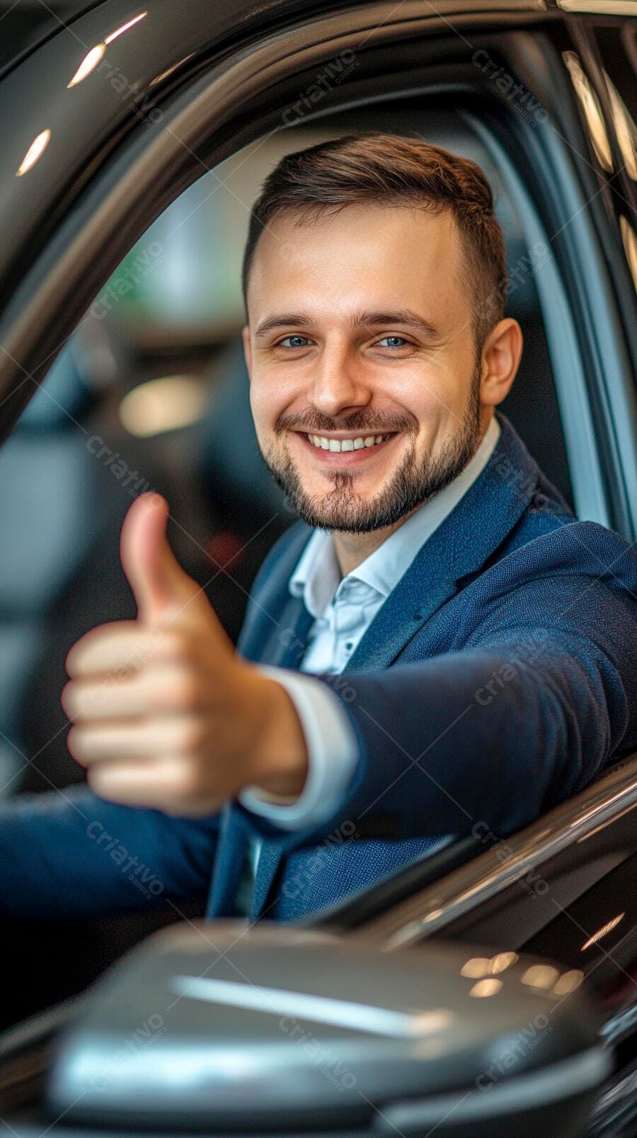 Homem caucasiano sorrindo e dando joinha dentro de carro novo escuro concessionária