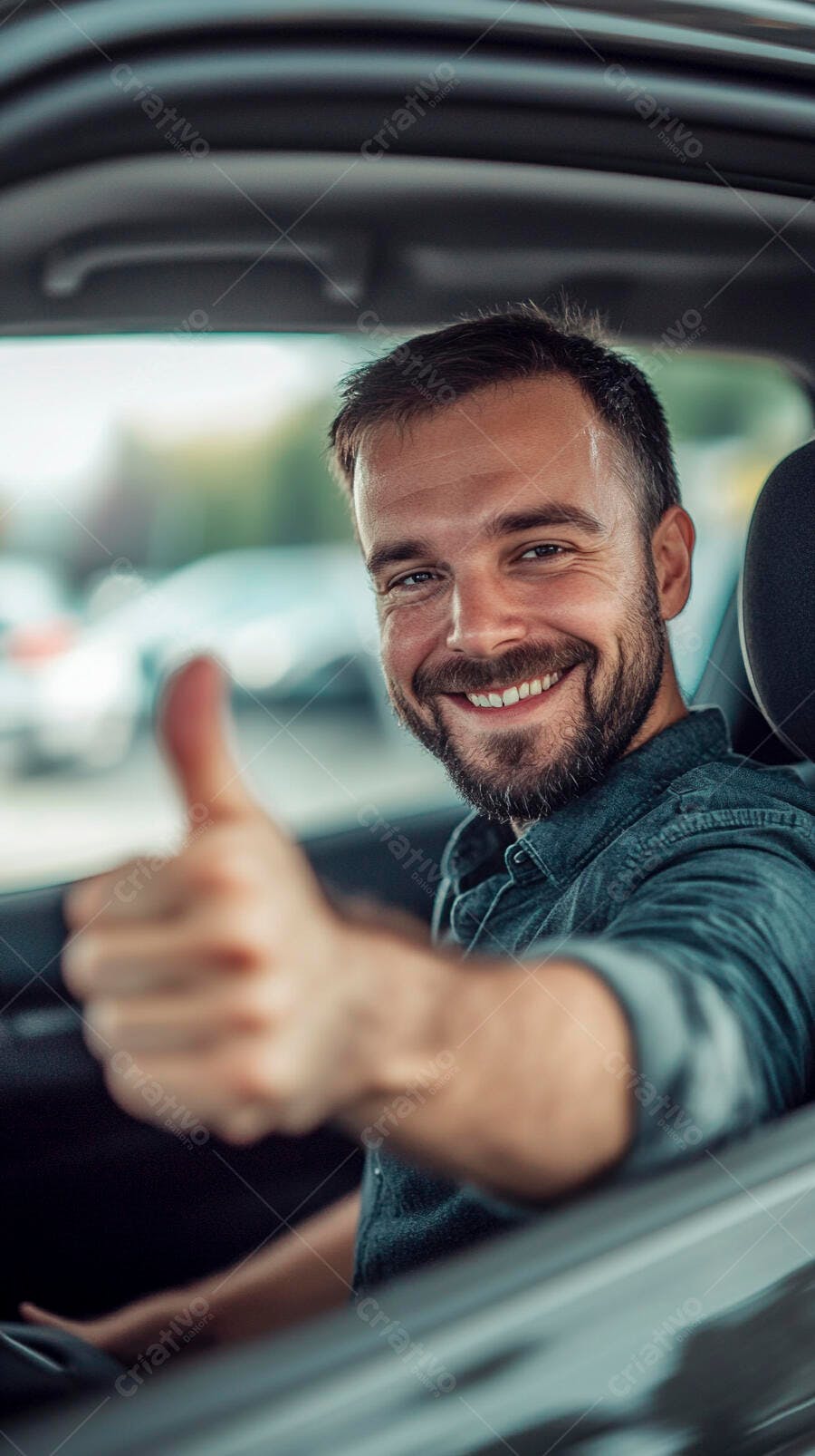Homem barbudo caucasiano feliz sorrindo no carro com polegar para cima