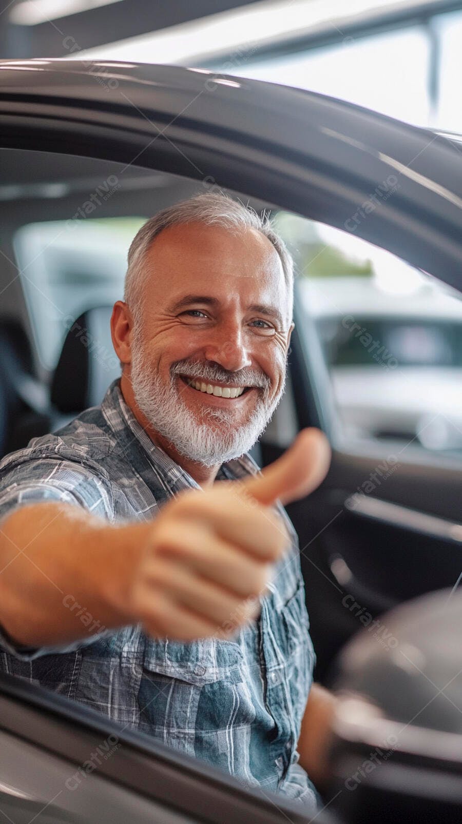 Homem sorridente de barba grisalha dentro do carro dando polegar positivo