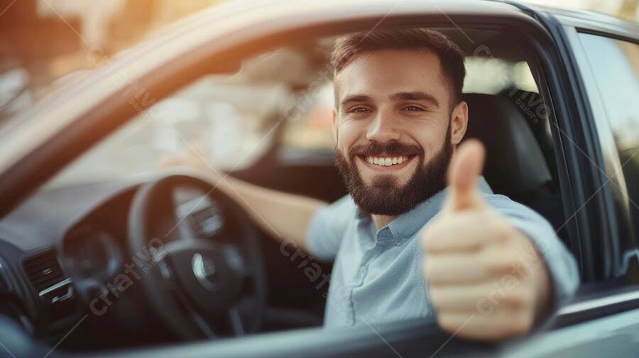 Homem barbudo sorrindo dirigindo carro camisa azul polegar para cima