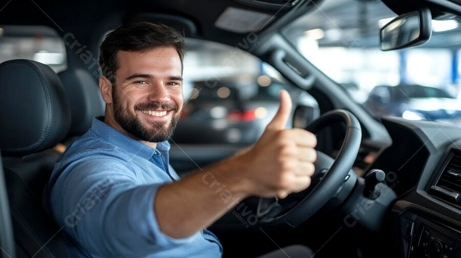 Homem barbudo feliz com camisa azul dando polegar em carro novo concessionária