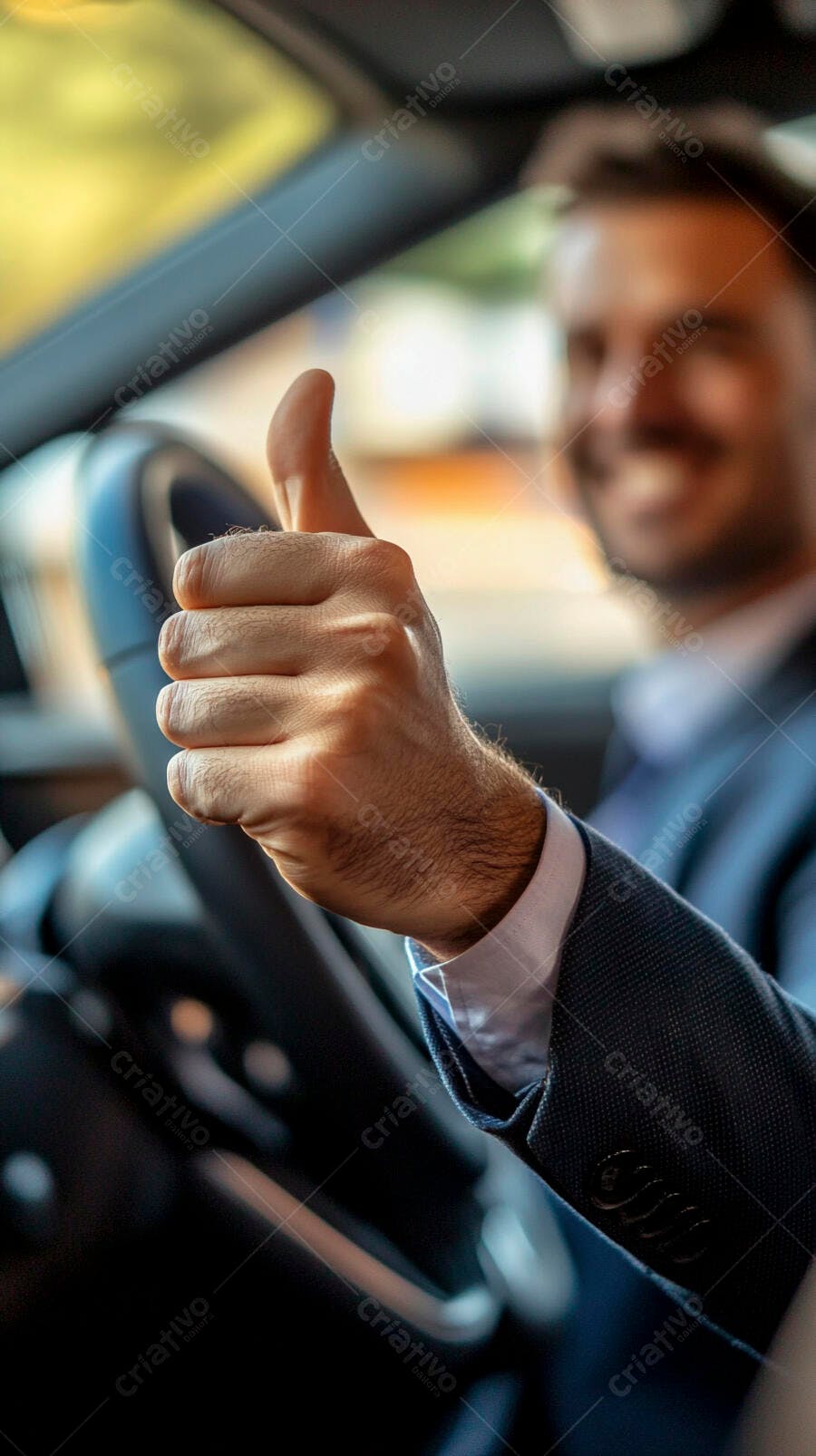 Homem de terno azul sorrindo em carro com polegar para cima