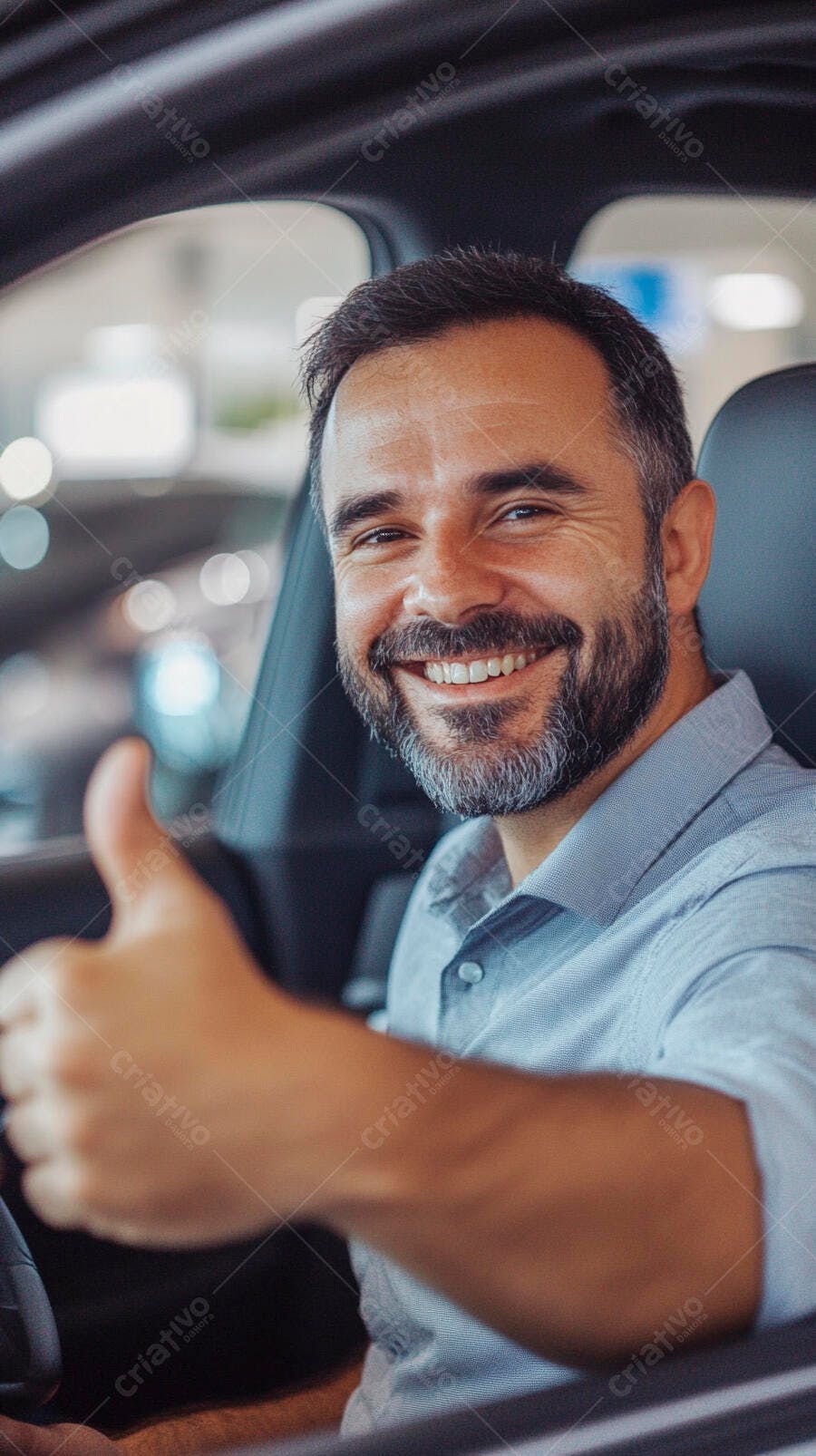Homem branco com camisa azul sorrindo e fazendo positivo dentro de um carro novo