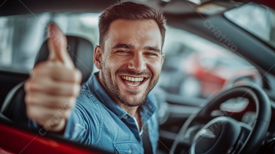 Homem feliz sorrindo dentro do carro vermelho dando polegar para cima