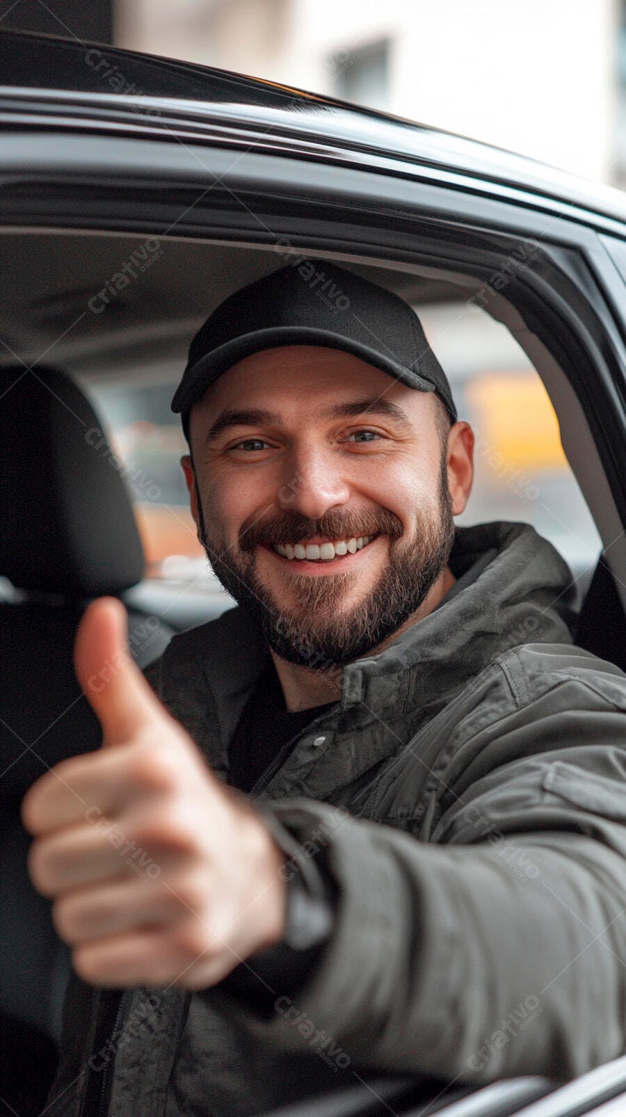 Homem barbudo caucasiano sorrindo com boné preto no carro dando polegar positivo
