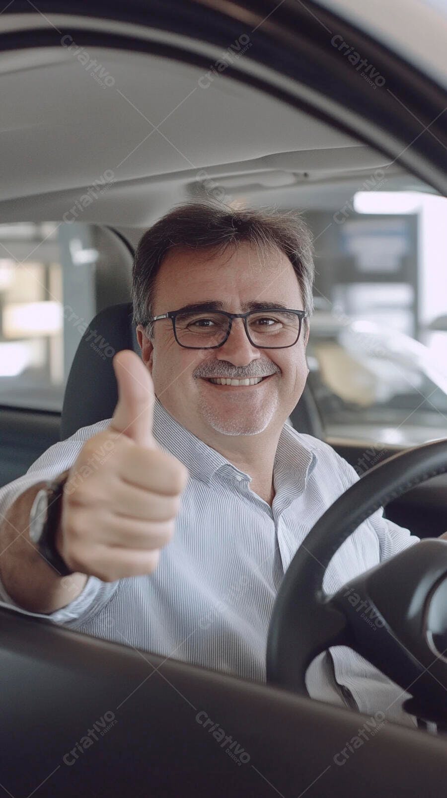 Homem caucasiano de camisa azul sorrindo com polegar para cima em carro