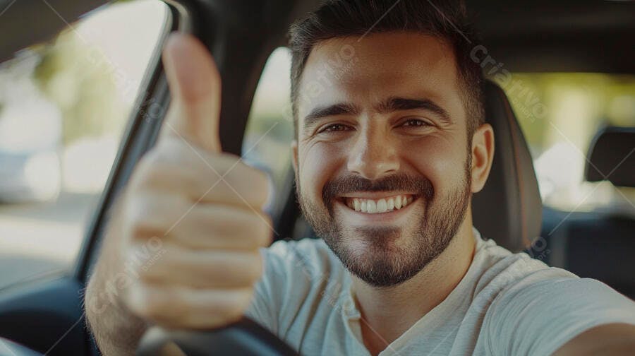 Jovem motorista caucasiano feliz no carro com polegar para cima