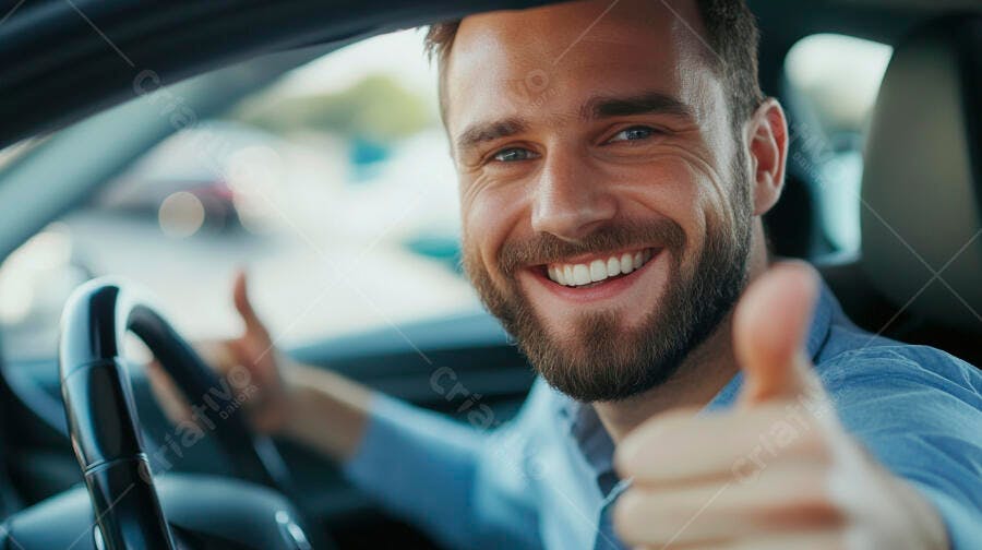 Homem caucasiano feliz sorrindo no carro dando polegar para cima