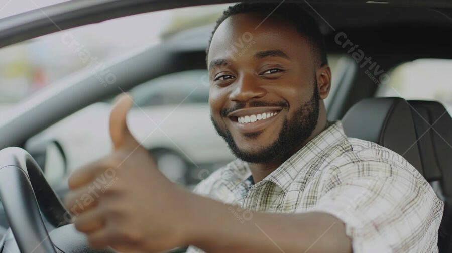 Homem negro sorrindo com polegar para cima em carro moderno e elegante