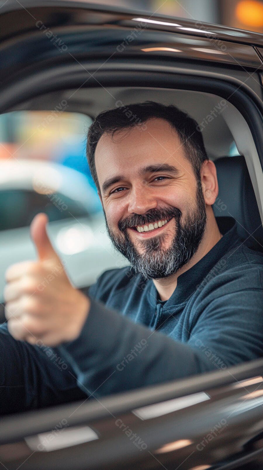 Homem caucasiano barbudo sorrindo com polegar para cima em carro novo