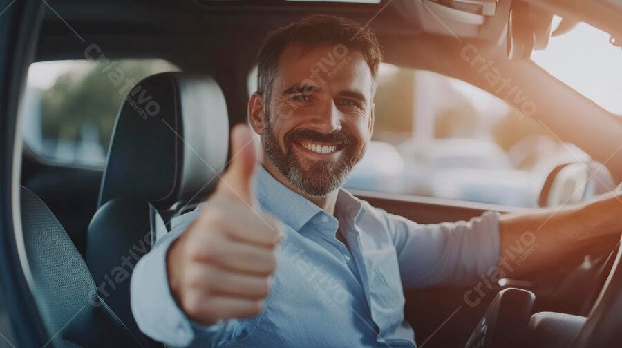 Homem barbudo sorrindo em carro azul claro dando polegar para cima em dia ensolarado