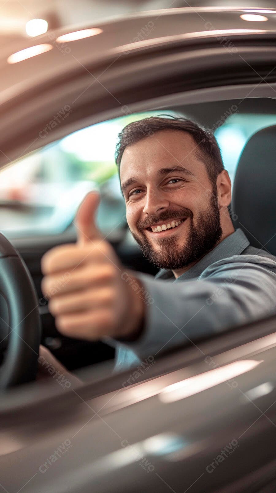 Homem sorridente dando joinha dentro de carro moderno cinza