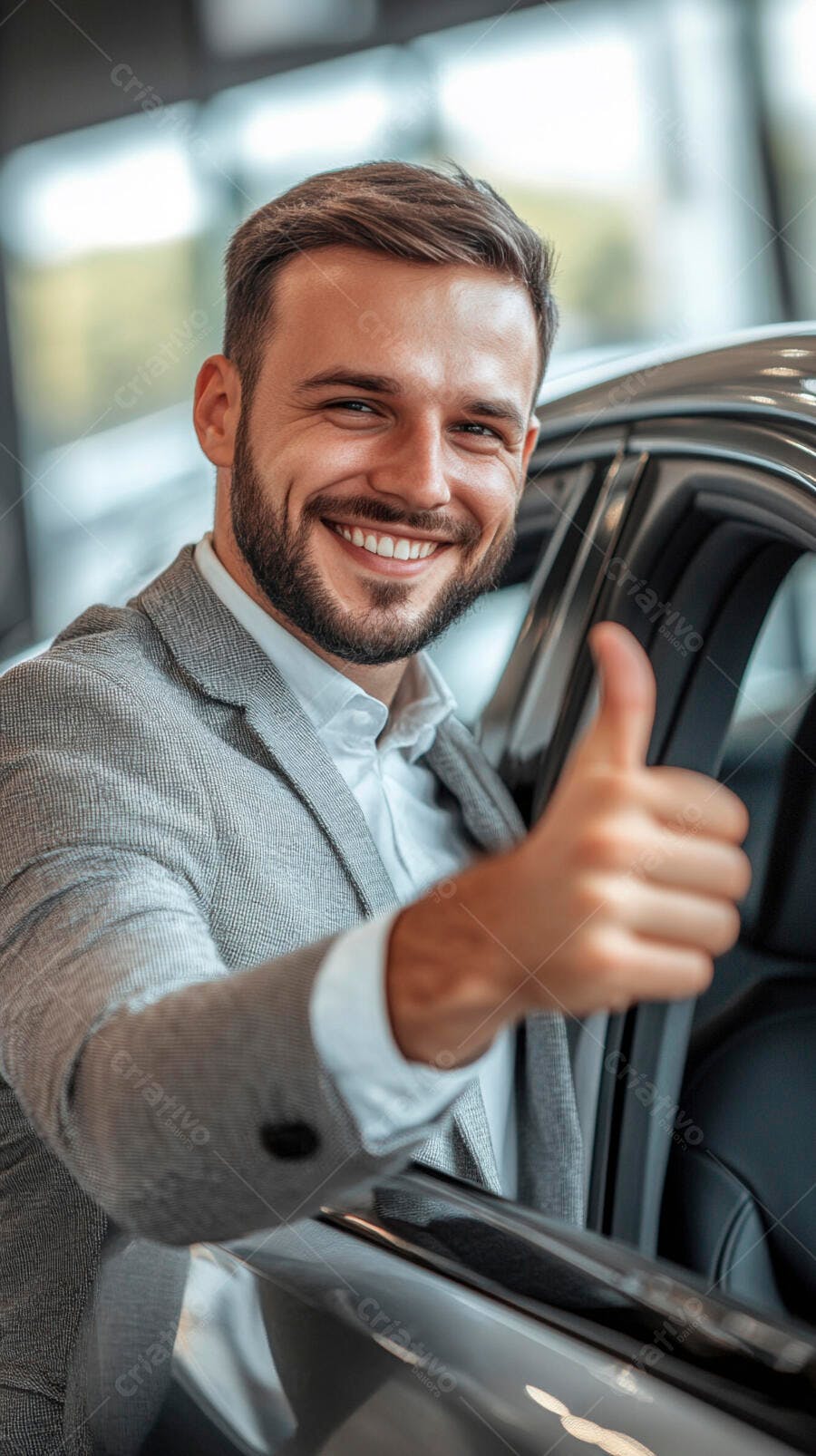Cliente satisfeito de blazer cinza dando polegar para cima em concessionária
