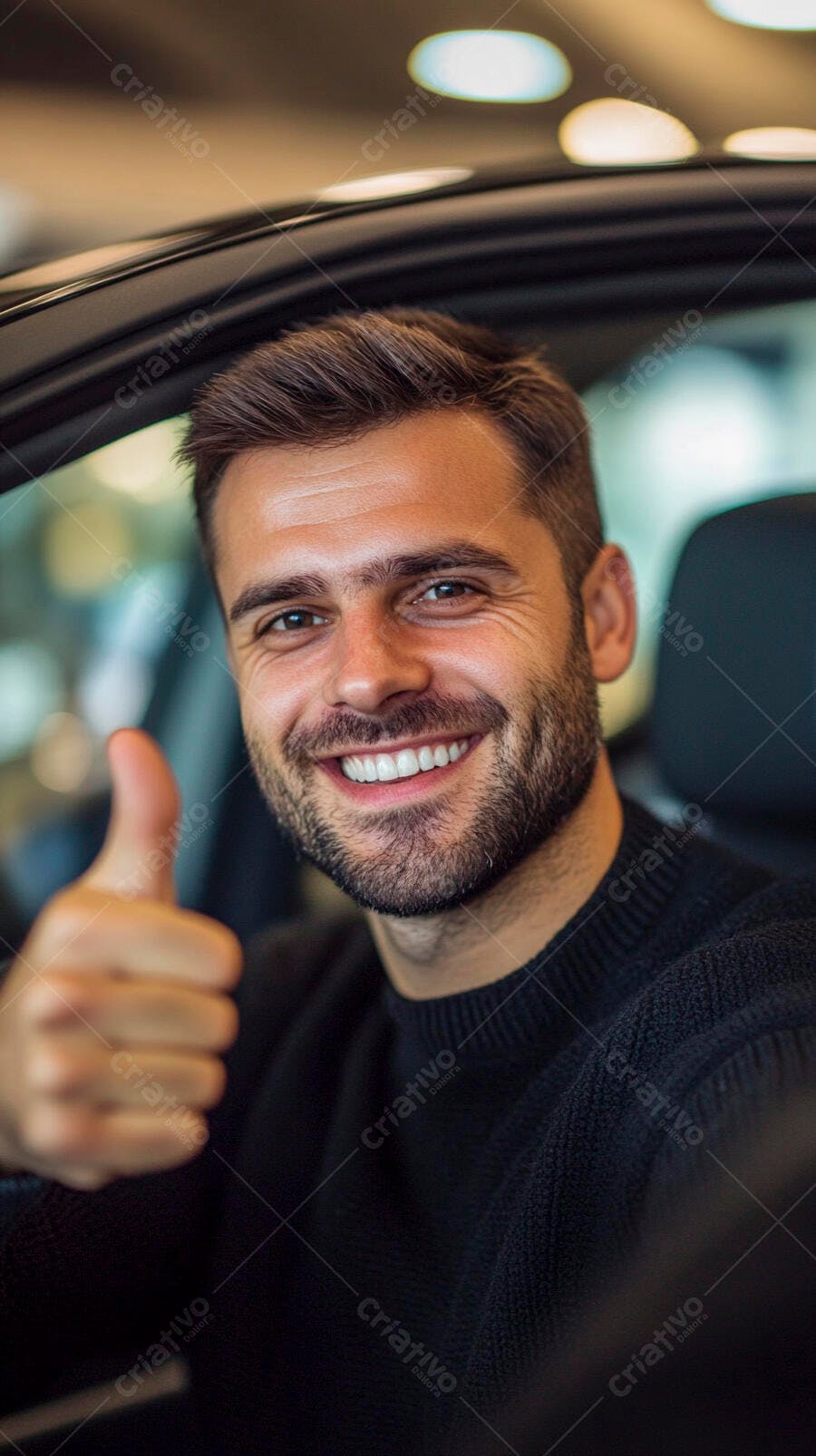 Homem jovem barbudo sorrindo no carro dando polegar para cima