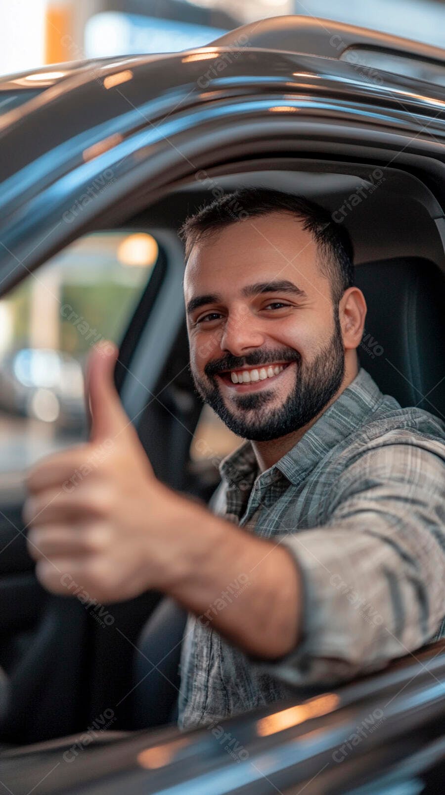 Homem barbudo caucasiano sorrindo com polegar para cima em carro novo na concessionária
