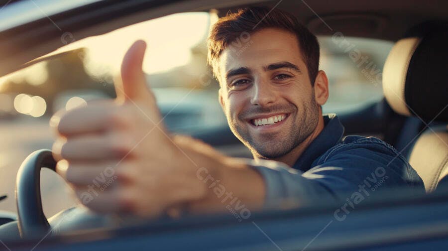Jovem homem caucasiano feliz dirigindo carro ensolarado