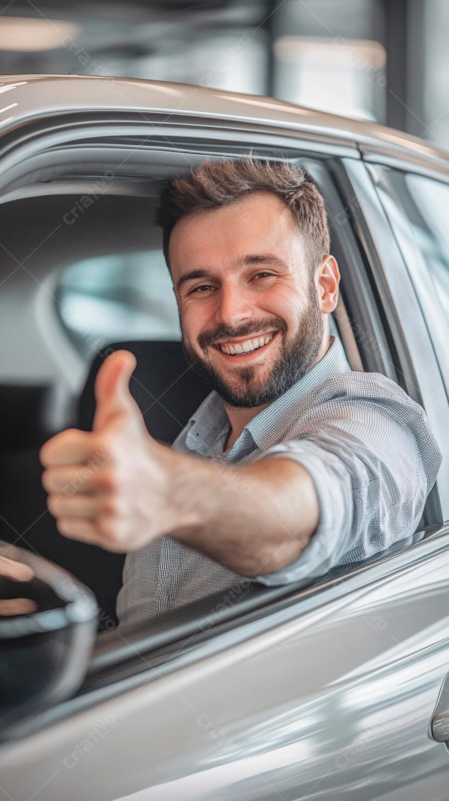 Homem caucasiano feliz em carro novo cinza dando polegar para cima