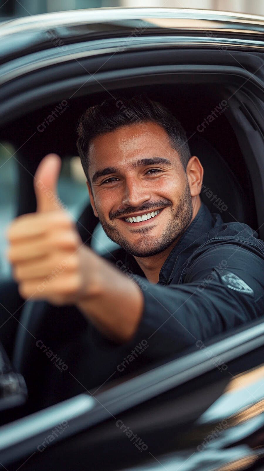 Homem moreno sorrindo dando joinha no carro moderno preto