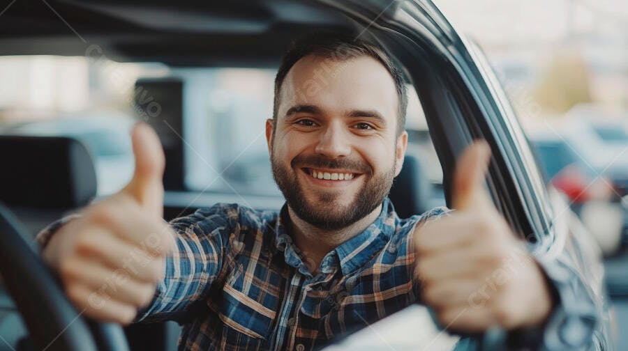 Homem barbudo caucasiano feliz de camisa xadrez dando polegares para cima no carro