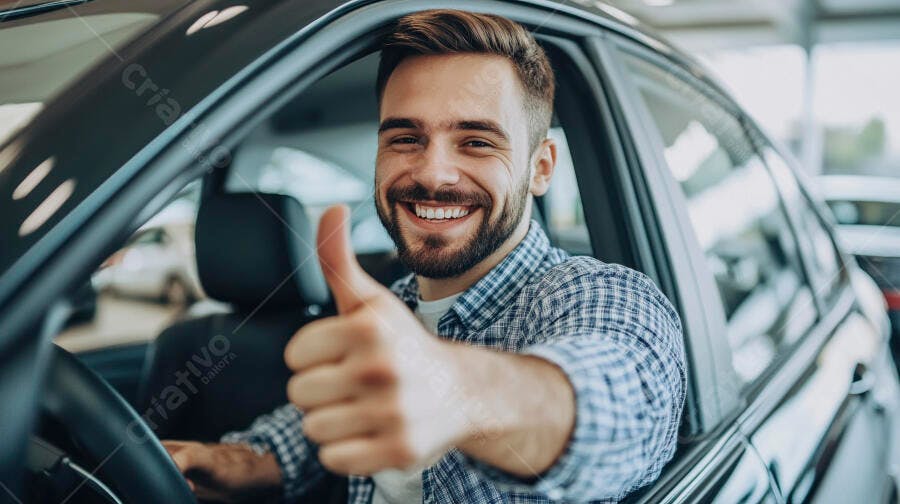 Homem feliz de camisa xadrez em carro novo dando polegar para cima